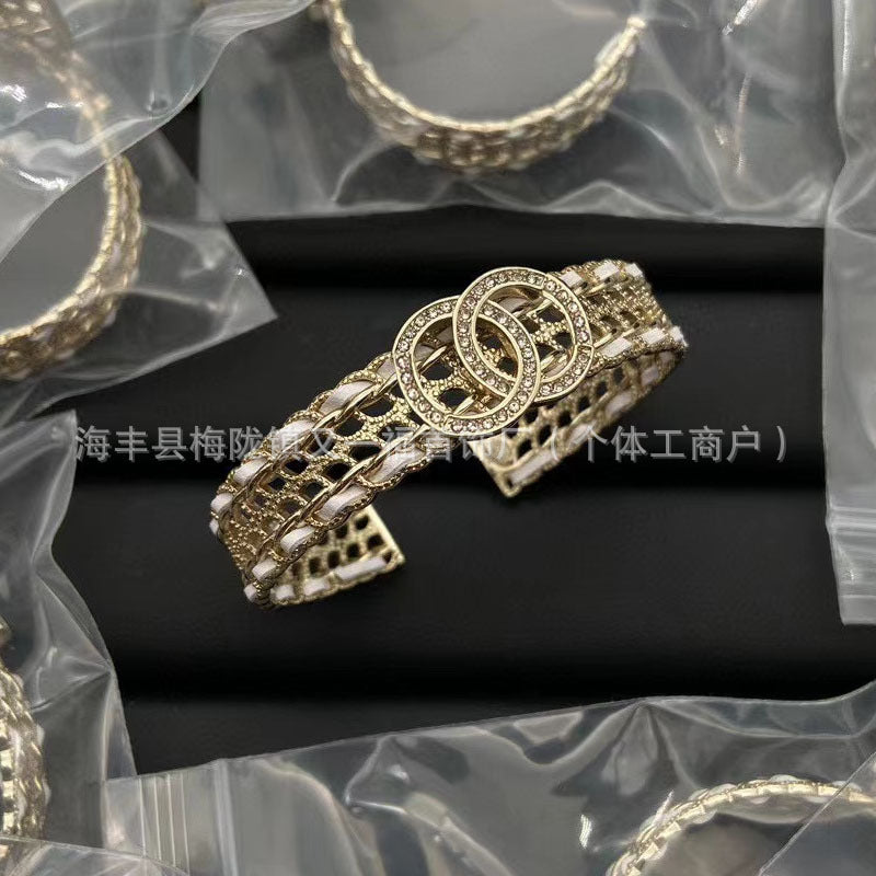 Wholesale New Double C Letter Diamond Piercing Leather Small Chanel Style Bracelet Retro Fashion All-match Bracelet